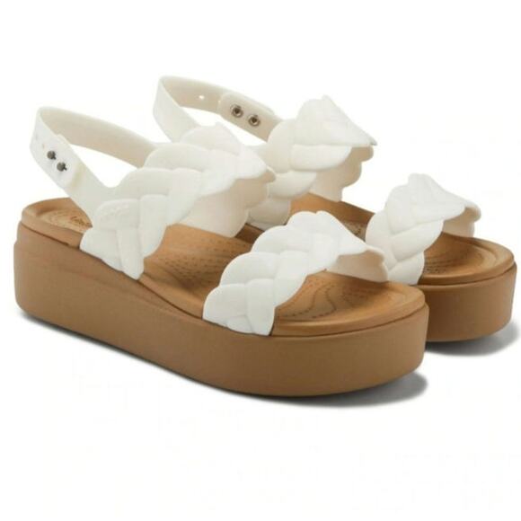 CROCS Women's Sz 9 Brooklyn Woven Low Wedge Sandal Chalk White/ Tan Platform - Picture 1 of 11